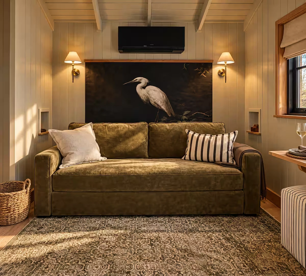 Sloe's olive velvet sofa, striped cushions and heron artwork