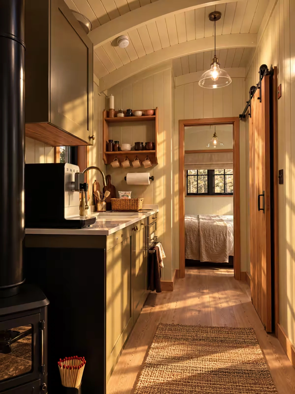 Sloe's kitchen with brass tap and Smeg coffee machine, looking towards the bedroom